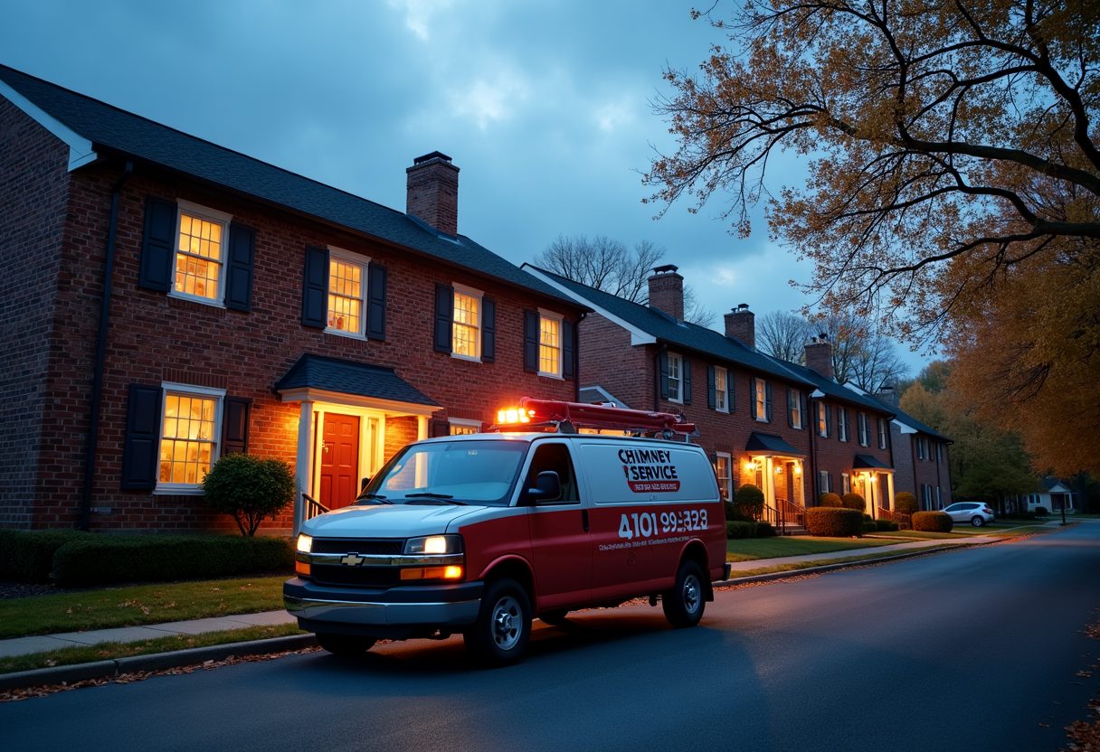 Chimney service van outside brick townhouses at dusk — Renton